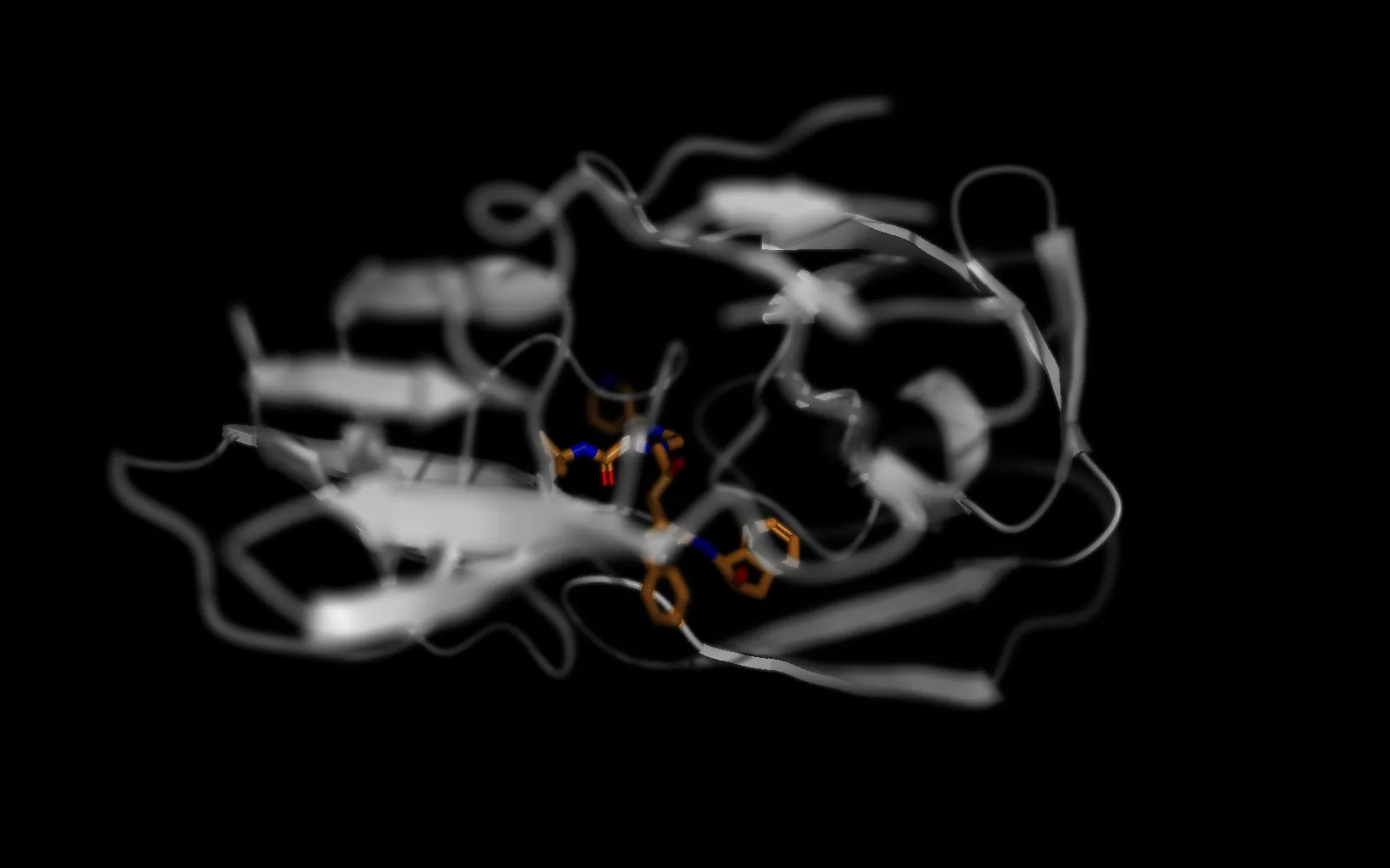 HIV protease seen at an angle in grey, the inhibitor sticks in the middle in sharp focus while the nearer and farther parts of the protein melt into soft blur