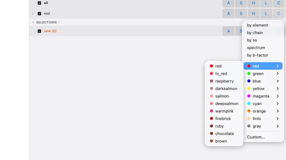 The C (color) menu of an object row, with by element, by chain, spectrum and named colors