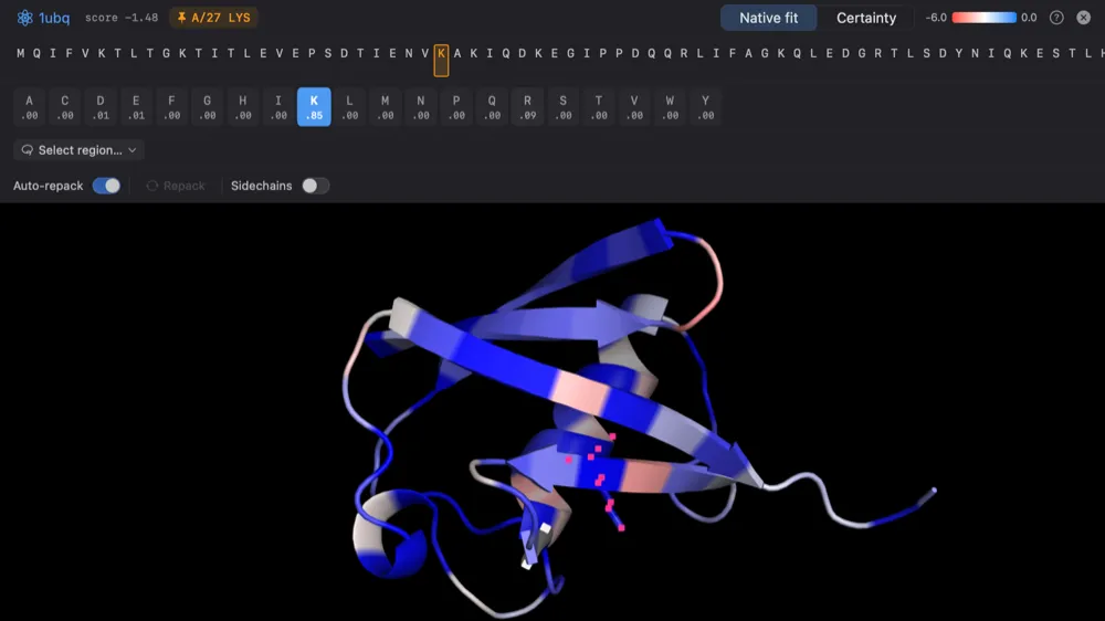 The Design bar with per-residue propensity pills over a structure colored by native fit