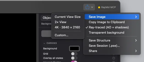 Toolbar Export menu open with the Save Image submenu showing Current View Size, 2× View, 4K · 3840 × 2160 and Custom…