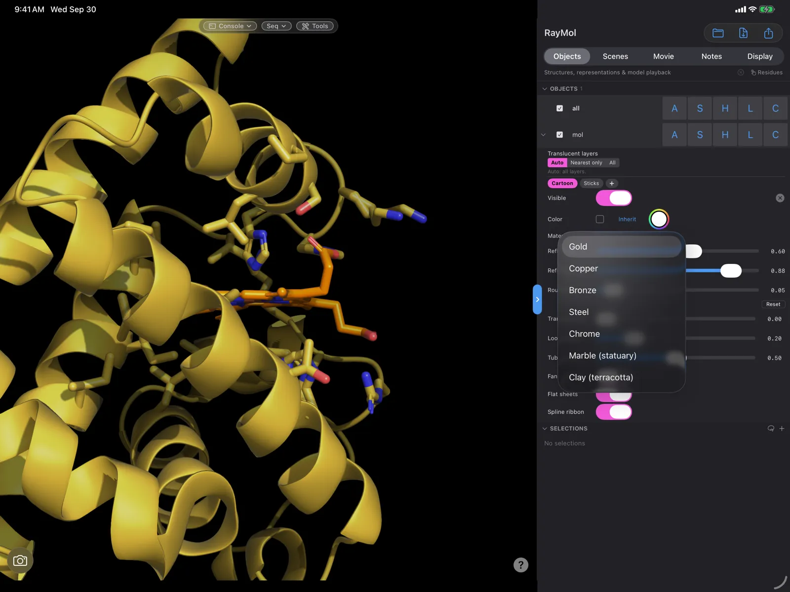 RayMol on iPad in landscape, with the Inspector and a gold structure