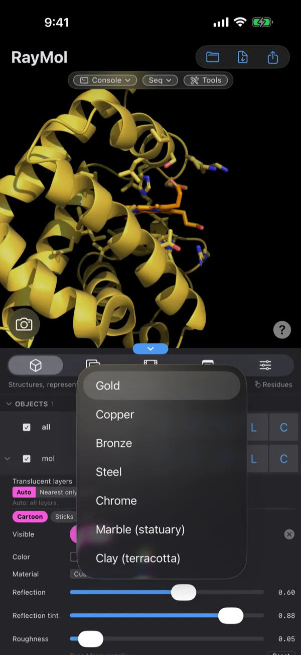 RayMol on iPhone with the Inspector as a bottom sheet
