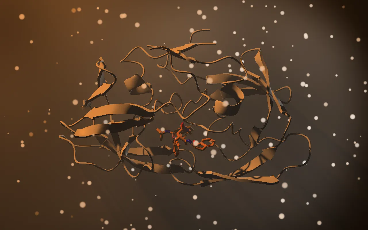 HIV protease lit by a warm side key light through brown haze, with glowing dust motes scattered in front of and behind the molecule and faint shadow streaks in the air