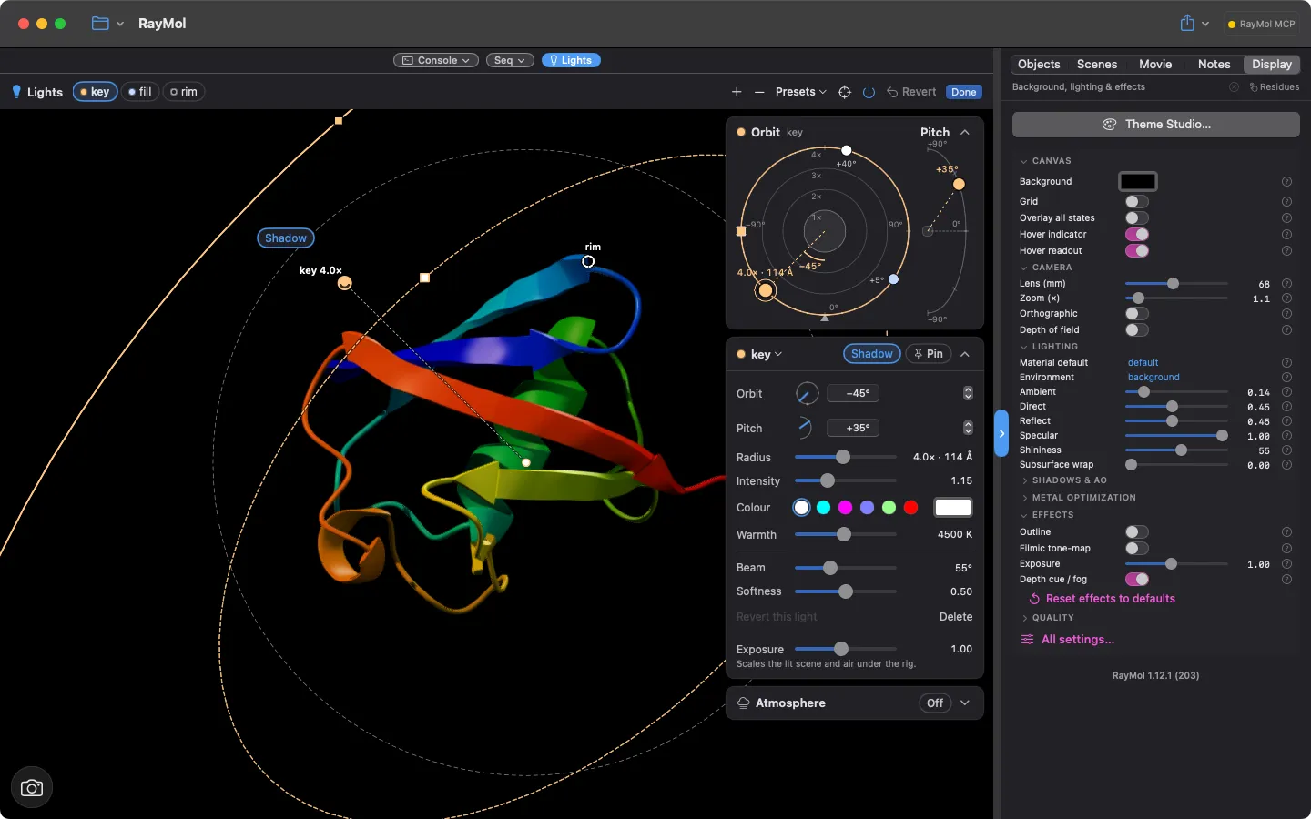 Lights mode active: Lights bar with key, fill and rim chips, on-viewport light handles and orbit guides, the Orbit/Pitch dial, and the per-light editor (orbit, pitch, radius, intensity, colour, warmth, beam, softness)