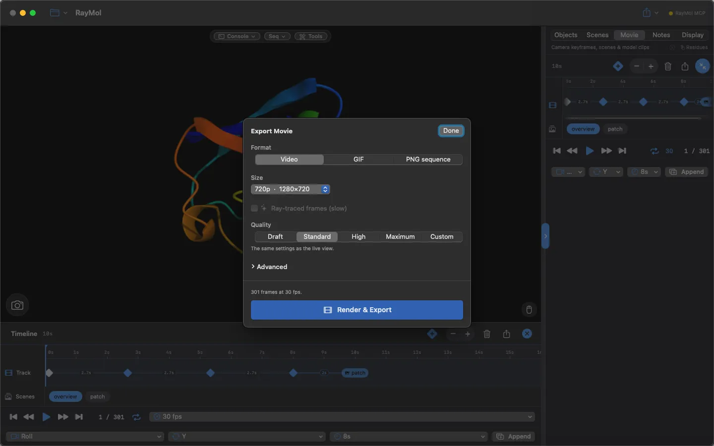 Export Movie sheet over the timeline: Format (Video / GIF / PNG sequence), Size 720p · 1280×720, Ray-traced frames (slow) checkbox, Quality presets Draft/Standard/High/Maximum/Custom, Advanced disclosure, “301 frames at 30 fps” and the Render &amp; Export button