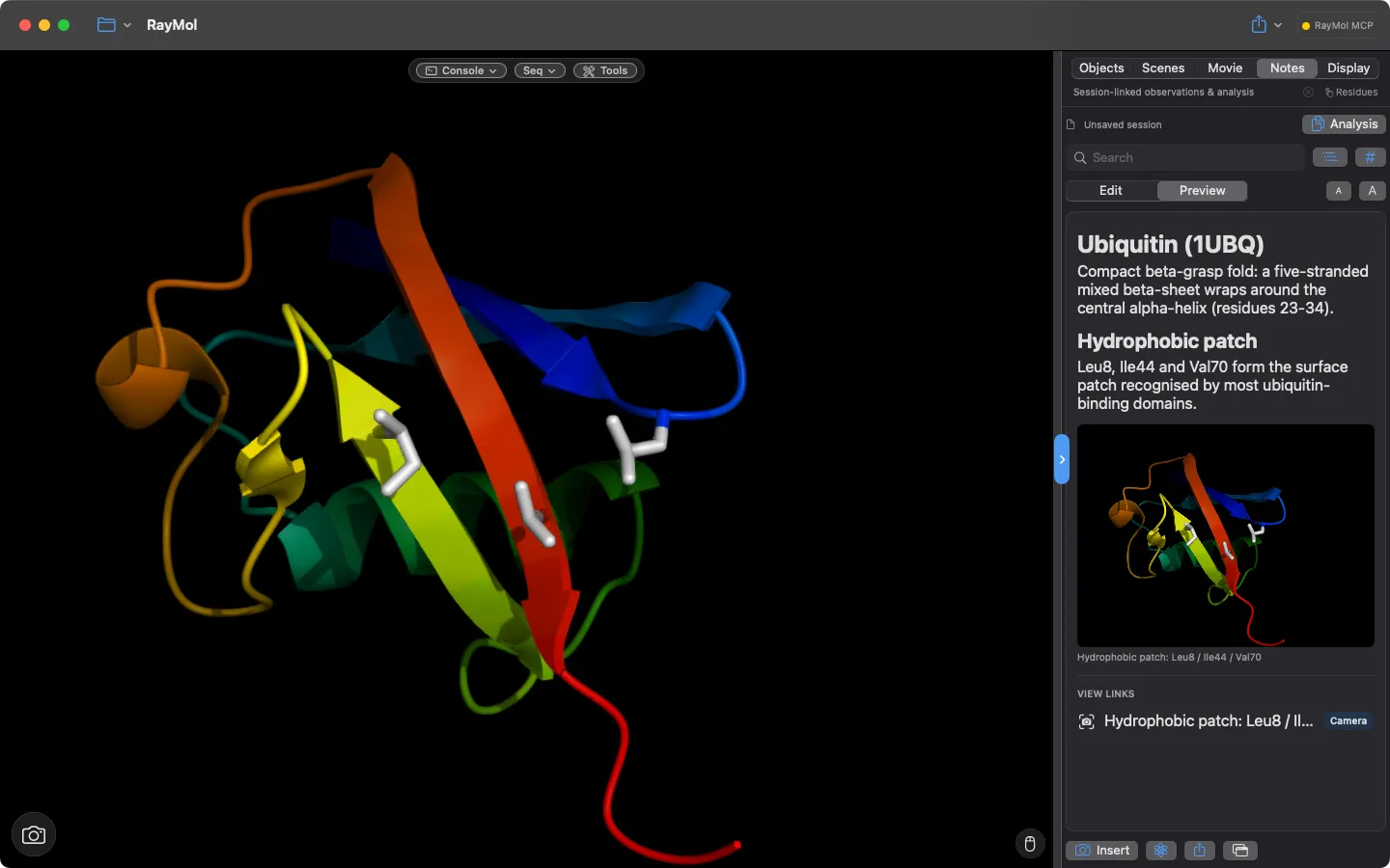 Notes tab in Preview: heading “Ubiquitin (1UBQ)”, a paragraph on the beta-grasp fold, a “Hydrophobic patch” section, a camera-link thumbnail labelled “Hydrophobic patch: Leu8 / Ile44 / Val70”, and the VIEW LINKS list with a Camera badge