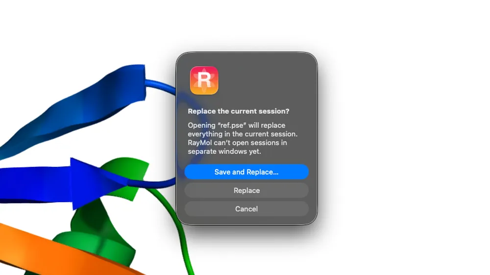 An alert asking whether to replace the current session, with Save and Replace, Replace and Cancel
