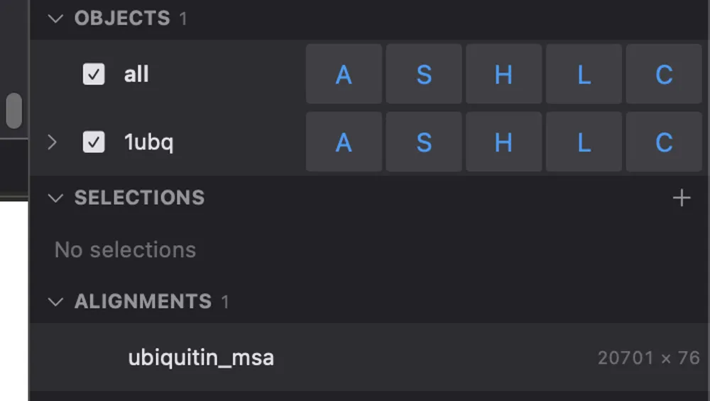 The ALIGNMENTS section of the Objects tab listing a 20701 by 76 alignment