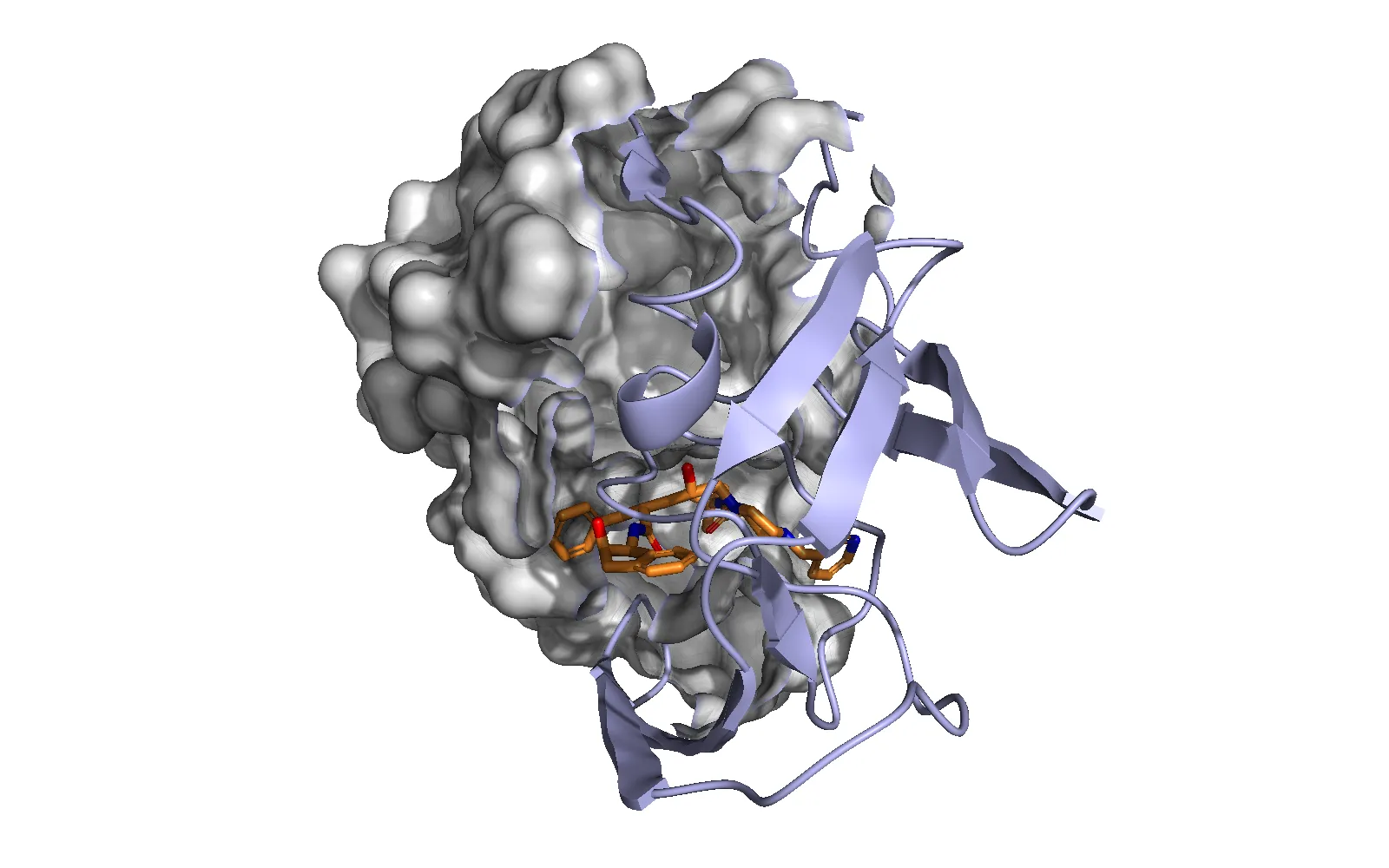 HIV protease with one monomer as a grey molecular surface and the other as a light-blue cartoon, the inhibitor sticks nestled in the surface pocket, with soft ray-traced shadows and ambient occlusion on a white background