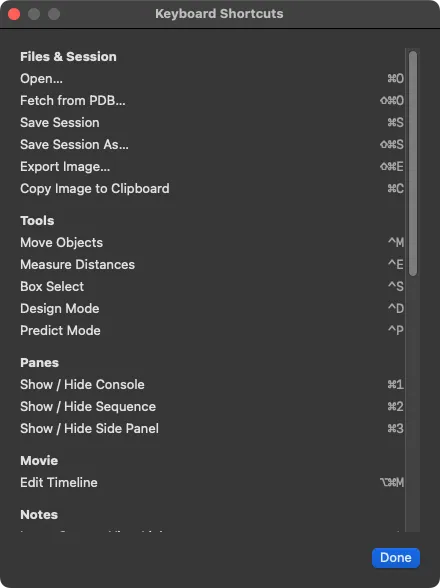 Keyboard Shortcuts window listing Files &amp; Session, Tools, Panes, Movie and Notes shortcuts with their key combinations