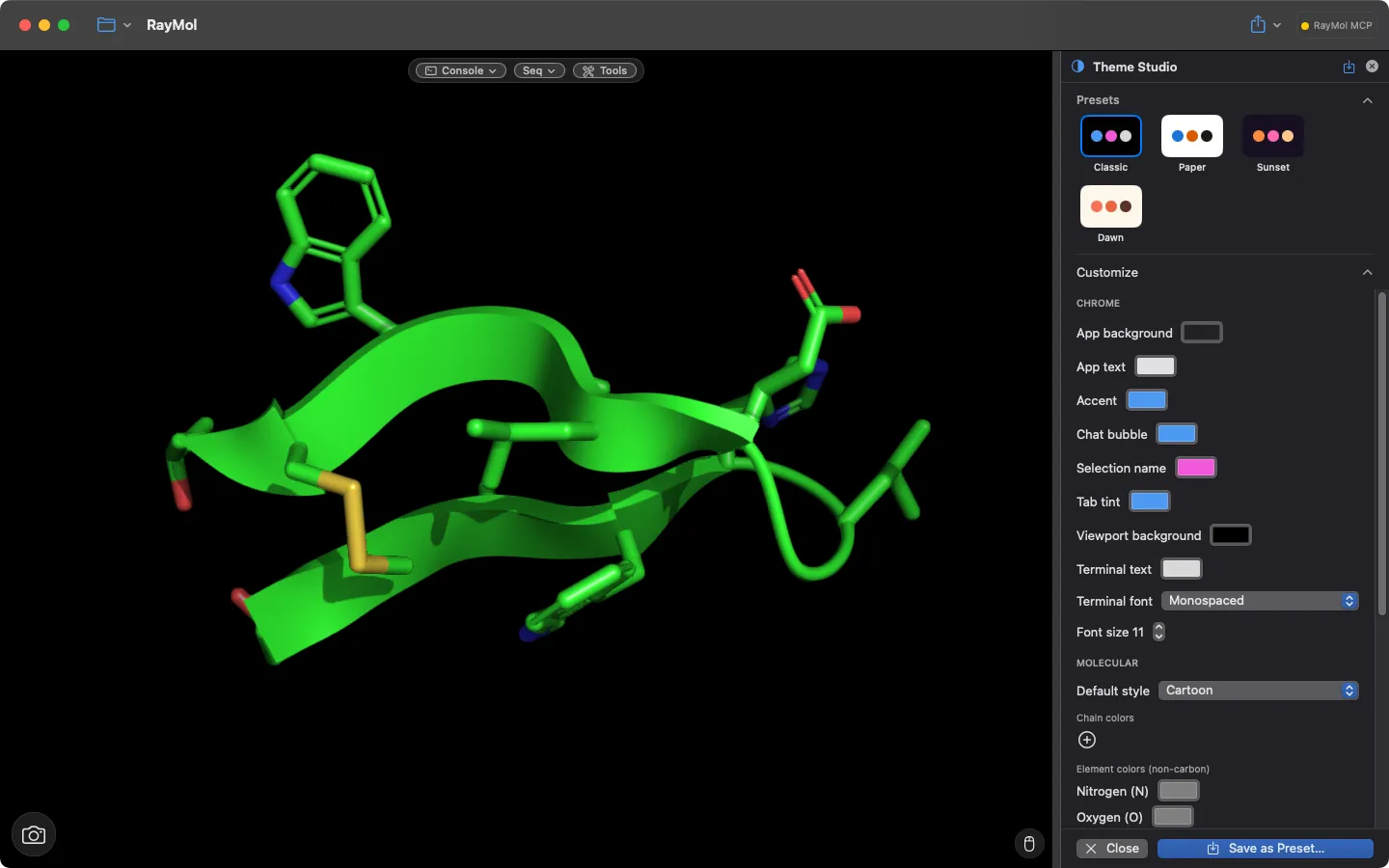 Theme Studio panel open in the Inspector with Classic, Paper, Sunset and Dawn presets and Customize controls for chrome colours, terminal font, default style, chain and element colours, next to its preview molecule (green cartoon with sticks)