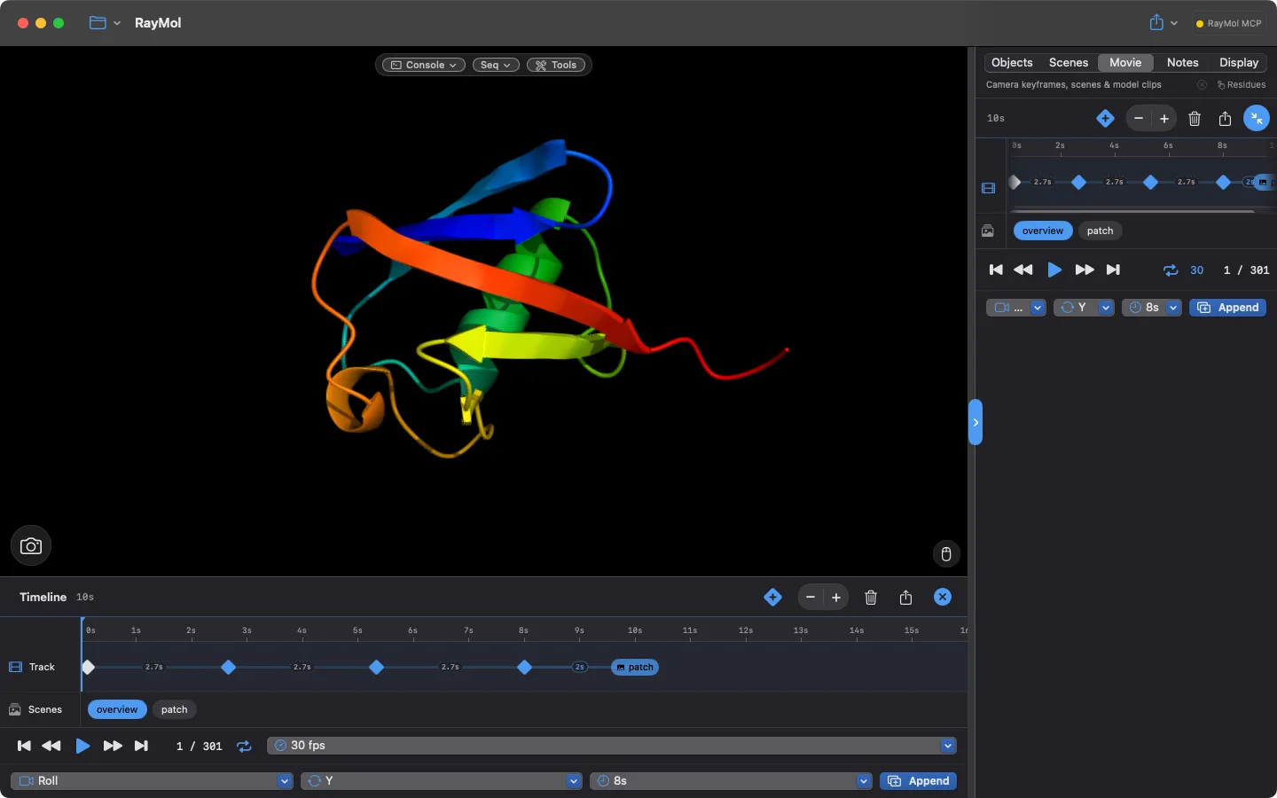 Timeline movie studio docked under the viewport with a Roll camera clip (keyframes every 2.7 s) followed by a “patch” scene clip, scene chips “overview” and “patch”, transport controls and the Roll/Y/8s Append bar; the Inspector shows the Movie tab