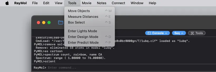 The macOS menu bar Tools menu open, listing Move Objects ⌃M, Measure Distances ⌃E, Box Select ⌃S, Enter Lights Mode, Enter Design Mode ⌃D, Enter Predict Mode ⌃P