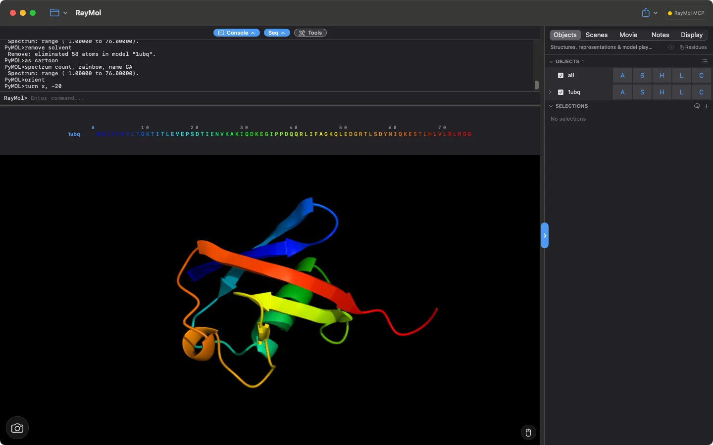RayMol main window: console pane with recent commands, sequence pane showing the ubiquitin sequence in rainbow colours, 3D viewport with a rainbow cartoon of ubiquitin, and the Inspector on the Objects tab