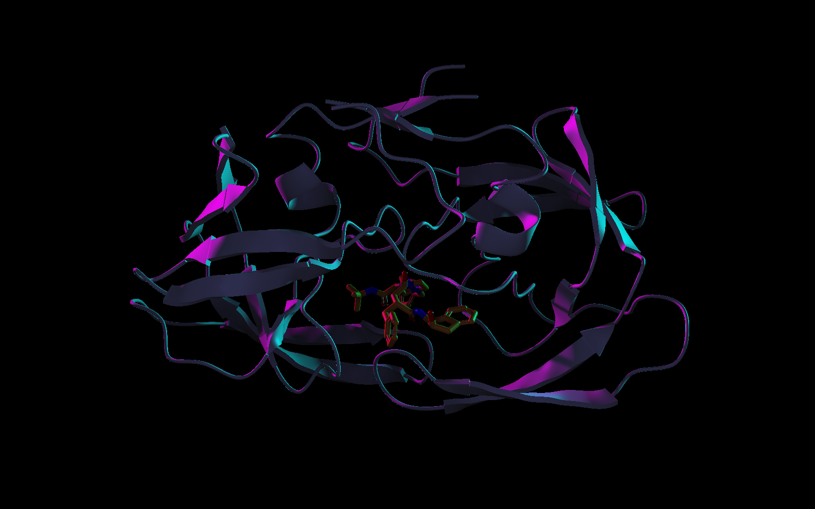 The same scene in near darkness with magenta and cyan rim light picking out the edges of the ribbons