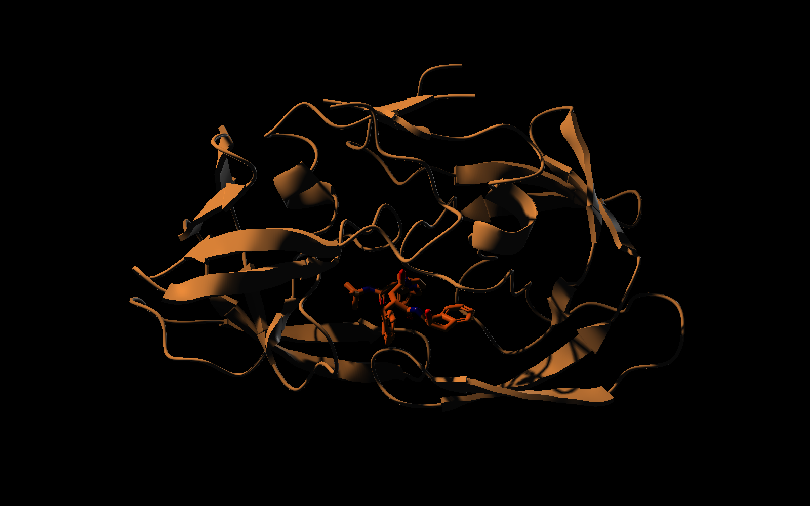 The same HIV protease scene lit by a single hard warm light from high on one side, most of the molecule falling into deep shadow