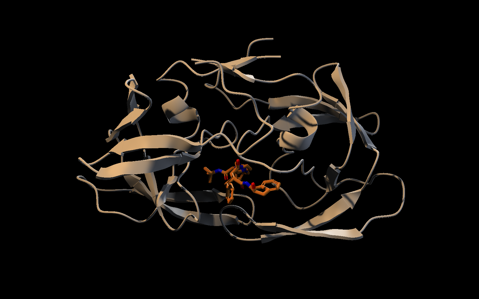 HIV-1 protease cartoon in grey with the MK1 inhibitor as orange sticks, lit by a warm key light with soft shadows, a cool fill and a white rim on black